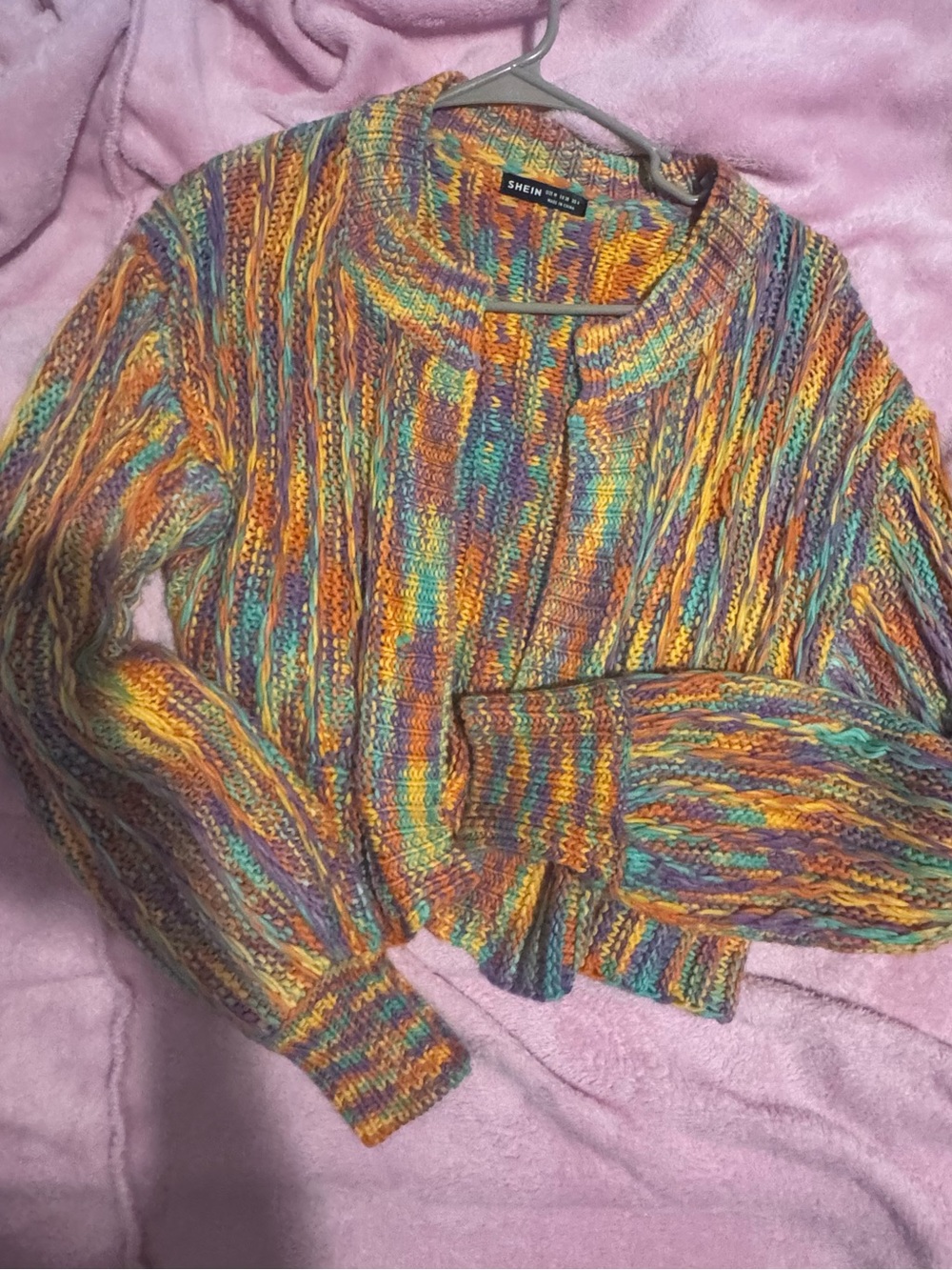 SHEIN Multicolor Cable Knit Crewneck Sweater in Orange, Yellow, Teal & Purple